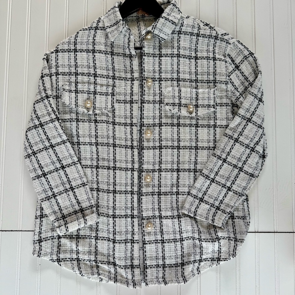 Chic Black and White Shacket  with Plaid Design